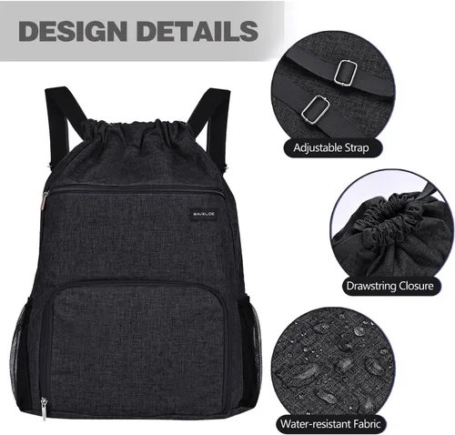 Vista 6 de Mochila con cordón con bolsillo para ropa húmeda y compartimento para zapatos, resistente al agua, para deportes, gimnasio, natación, bolsa