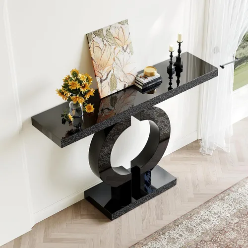 Vista 5 de LITTLE TREE Mesa consola de vidrio espejo de 43 pulgadas con base en forma de O, mesa de entrada de vidrio para sala de estar, moderna mesa de sofá