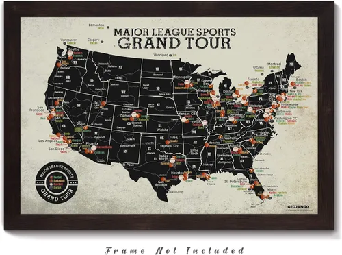 Vista 2 de Grand Tour Mapa del estadio de la Liga Mayor, fútbol, béisbol, baloncesto, hockey (30 pulgadas de ancho x 20 pulgadas de alto)