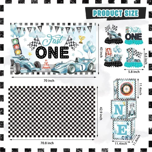 Vista 4 de Fast One - Decoraciones de cumpleaños para niños, 143 piezas de suministros de decoración de primera fiesta de carreras para bebé, pancarta