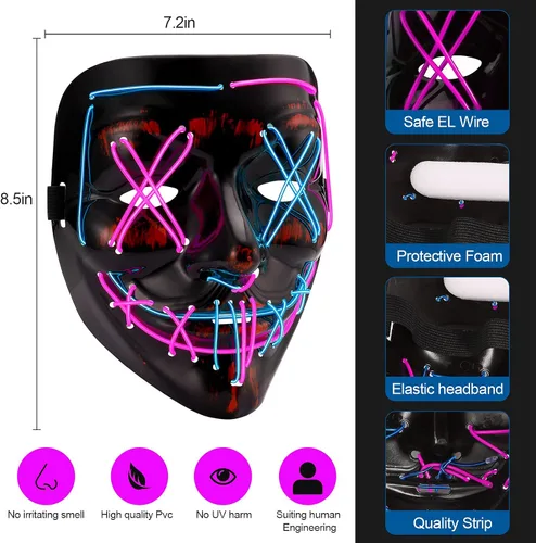 Vista 4 de Máscara de Halloween con luz LED, máscara de miedo de purga con alambre EL, para cosplay, fiestas de disfraces, fiestas de disfraces para niños