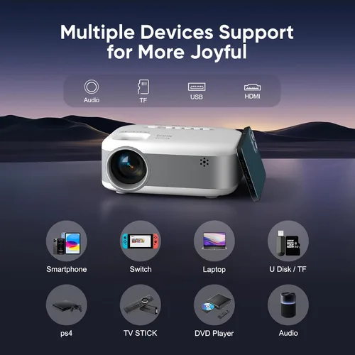 Vista 6 de PANSEBA Mini proyector, proyector HD 1080P actualizado 2025, proyector portátil con Bluetooth, proyector de películas compatible con teléfono