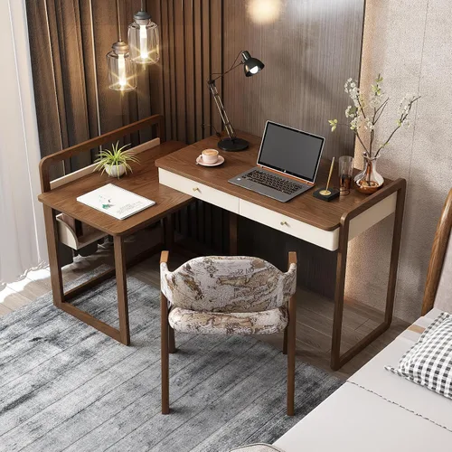 Vista 6 de Lartis Escritorio extensible de madera maciza de 70 pulgadas, mesa de estudio de almacenamiento con unidad lateral, banco de trabajo multifuncional