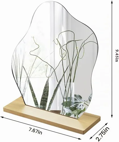Vista 2 de Espejo de tocador estético irregular, espejo de mesa decorativo de acrílico sin marco con soporte de madera, espejo de maquillaje funky para sala