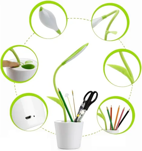 Vista 8 de Lámpara de escritorio táctil USB flexible, lámpara de escritorio LED de cuello flexible, 3 niveles de brillo, maceta con soporte para lápices