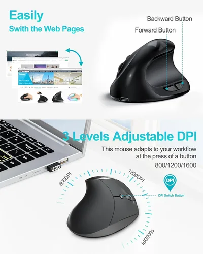 Vista 5 de Lekvey Ratón ergonómico, mouse inalámbrico vertical para manos pequeñas/medianas, recargable con receptor USB, 3 DPI para mayor comodidad, alivia