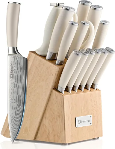 Vista 10 de Sunnecko Juego de cuchillos con bloque y afilador, juego de bloque de cuchillos de cocina de 15 piezas, cuchillos de cocina afilados, acero Negro