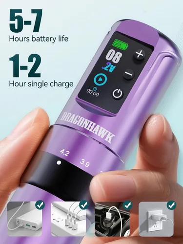 Vista 6 de Dragonhawk Atom2 Pro Tattoo Kit, 7 Stroke Settings, 2000mAh, Purple
