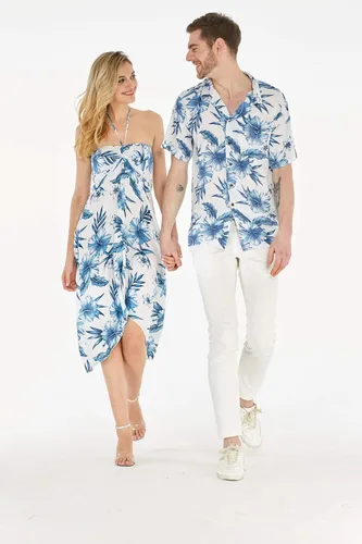 Vista 3 de Conjunto de traje de fiesta hawaiano Luau a juego para parejas, vestido camisero en negro Rafelsia