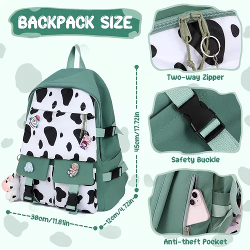 Vista 2 de Unineovo Mochila Kawaii con estampado de vaca y accesorios de alfiler, colgante de felpa, mochila escolar kawaii linda mochila estética, Rosado, Moda