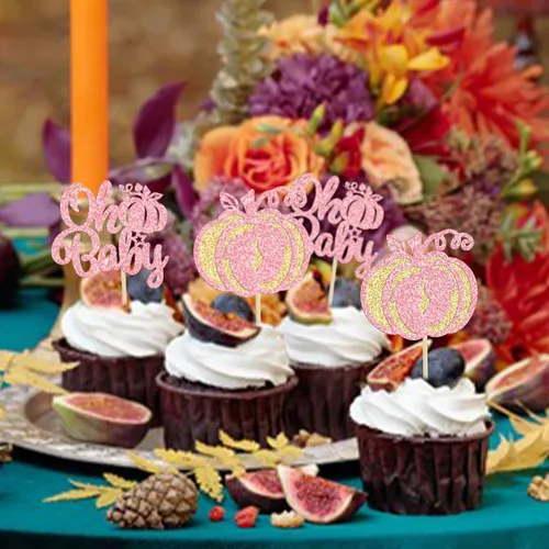 Vista 4 de Gyufise 24 adornos para cupcakes de calabaza rosa, decoración de pastel de baby shower, decoración para baby shower con temática de calabaza