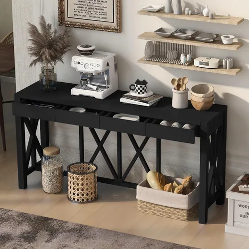 Vista 16 de Moderna mesa consola de 62.2 pulgadas, mesa de sofá con 4 cajones y 2 estantes, adecuada para entrada, pasillo, sala de estar, dormitorio