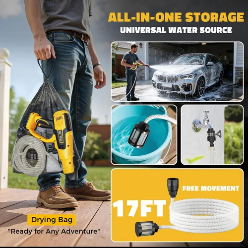 Vista 7 de Ecarke Herramienta de limpieza inalámbrica para automóvil compatible con baterías DeWalt de 20 V, herramienta de limpieza manual de 1200 PSI Amarillo