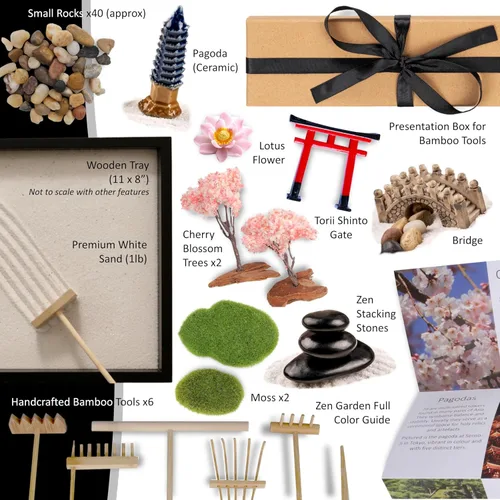 Vista 2 de Kit de jardín Zen de Island Falls Home 27.9x20.3 cm. Hermoso mini adorno de piedra japonés, juego de regalo para el hogar, escritorio de oficina.