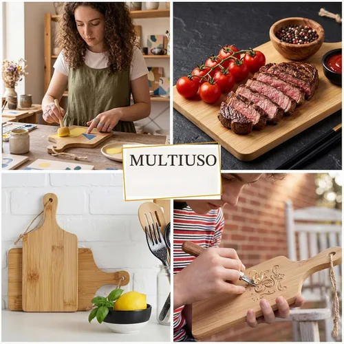 Vista 4 de Tanlade 100 tablas de cortar a granel de 9 x 4 pulgadas, tabla de cortar de bambú con mango de madera, tablón de charcutería grabado para servir