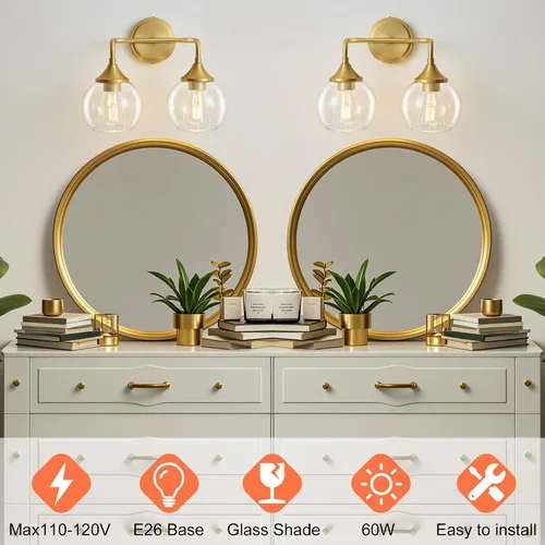 Vista 2 de Lámpara de Tocador de Baño Dorada con Pantalla de Vidrio Transparente, Base E26, Luminarias de Baño de 2 Luces Sobre Espejo, Luces de Tocador de 14