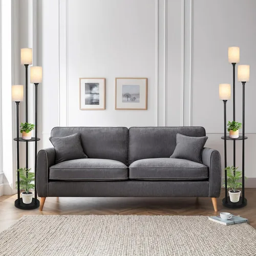 Vista 8 de Lámpara de pie con estantes, lámparas de pie modernas para sala de estar, lámpara de pie de 3 luces con pantalla de lino e interruptor de pie