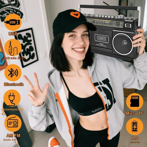 Vista 2 de Reproductor de casete Boombox con Bluetooth, radio AM/FM/SW y grabación a USB, sonido estéreo de 24 W, 4 modos de alimentación, estéreo retro