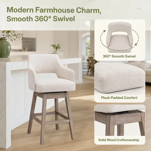 Vista 4 de Kmax Single Swivel Counter Height Bar Stool, Linen Beige