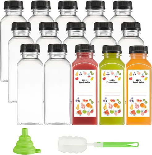 Vista 8 de GUSTO 15 botellas de jugo de plástico reutilizables con tapas, etiquetas, cepillo y embudo de silicona, botellas de plástico transparente con tapas