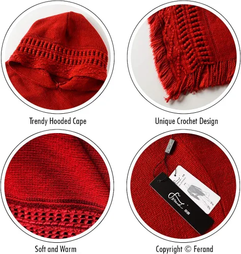 Vista 4 de Capa con capucha Ferand, con flequillo en el dobladillo, patrones de ganchillo para tejer poncho, para mujer.