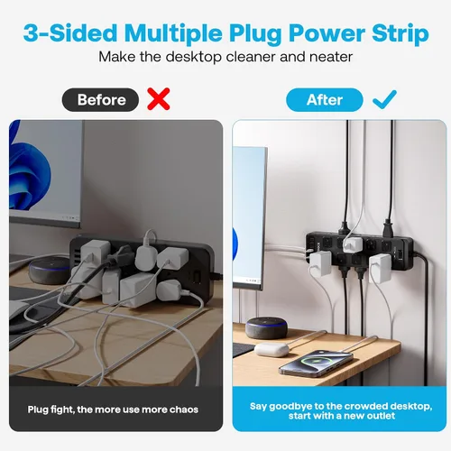 Vista 4 de Regleta de alimentación con enchufe plano, protector contra sobretensiones con 20 tomas de corriente AC y 6 puertos USB, 1875 W/15 A, 2700 julios