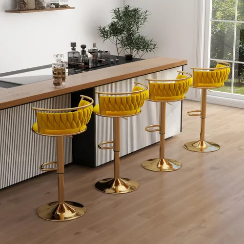 Vista 15 de Juego de 2 taburetes de bar giratorios de 360°, silla de bar de terciopelo ajustable a altura de mostrador moderna, taburete de metal plateado