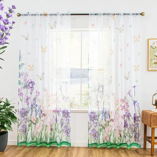 Vista 11 de youleyar Cortinas traslúcidas florales para sala de estar, 2 paneles de 54 pulgadas de largo, cortinas semitransparentes blancas con estampado