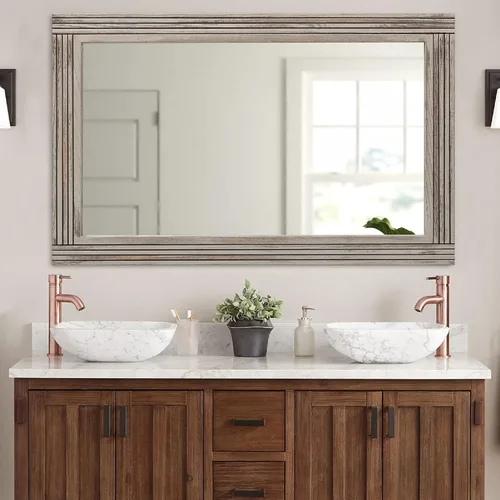Vista 9 de Espejo de pared de madera empalmada hecha a mano para baño, espejo de tocador rústico estilo granja, arte de pared de decoración, marco de madera
