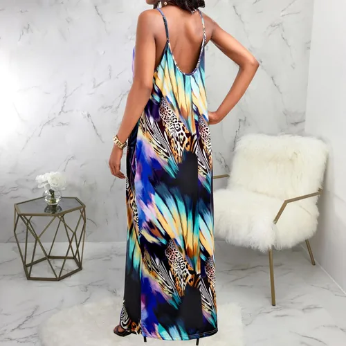 Vista 7 de ZonJie Vestido largo casual bohemio con estampado floral para mujer, holgado, cuello en V, tirantes delgados ajustables, longitud al suelo