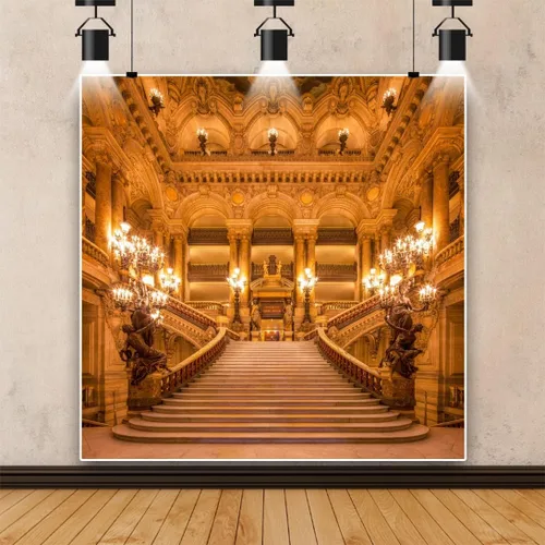 Vista 2 de Renaiss Telón de fondo dorado de 4 x 4 pies para fotografía, iglesia antigua europea, castillo dorado, interior real, candelabro, escalera, boda