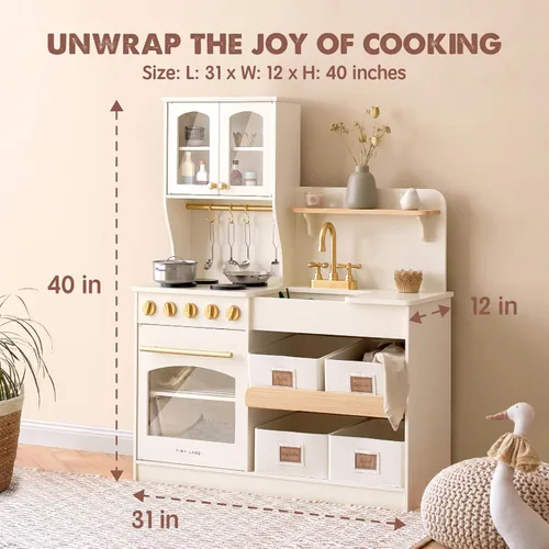 Vista 9 de Tiny Land Cocina de juego de madera con sistema de almacenamiento de juguetes y juegos de comida de madera para jugar a partir de 3 años