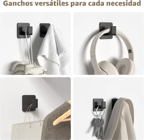 Vista 4 de GWAAZXGZ Ganchos de toalla autoadhesivos cuadrados - Juego de 2 ganchos de metal negro mate, diseño de ángulo recto para toallas, batas y sombreros