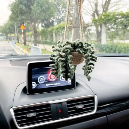 Vista 7 de Surakey Linda planta colgante de ganchillo para automóvil, planta de punto, colgador de espejo de coche, espejo retrovisor interior del automóvil