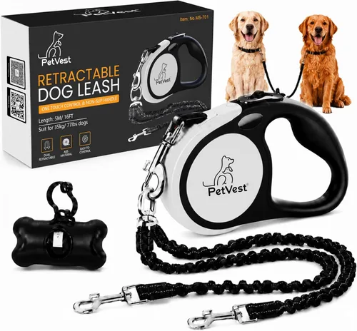 Vista 9 de Correa retráctil doble para perros, de 10 pies sin enredos para 2 perros, desmontable para uso individual, freno y bloqueo con un botón, hasta 20 kg