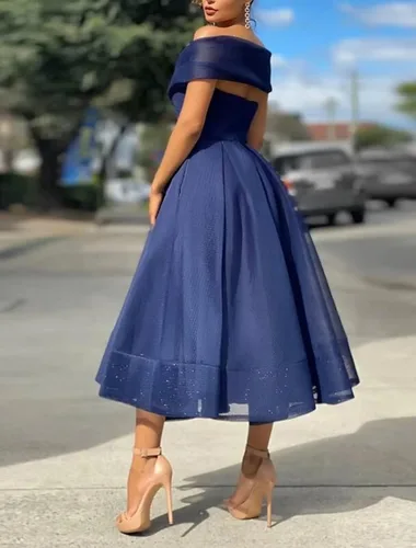 Vista 3 de Vestidos de fiesta con hombros descubiertos para mujer, plisados, acampanados, de tul formales, vestidos de noche elegantes con bolsillos
