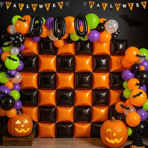 Vista 7 de Lunmon Kit de arco de guirnalda de globos cuadrados negros y naranjas, 143 piezas con adhesivo de murciélagos, túnel de globos de doble cara