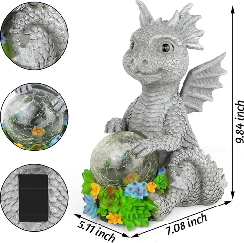 Vista 5 de Estatuas solares de jardín al aire libre, dragón sosteniendo orbe mágico con luces LED solares, decoración de césped al aire libre para patio