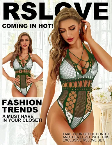 Vista 2 de RSLOVE Lencería para mujer sexy de encaje body de red de una pieza de malla en V profundo babydoll
