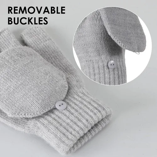 Vista 2 de Achiou Guantes de invierno sin dedos para hombres y mujeres, guantes convertibles cálidos de medio dedo con tapa abatible, guantes de punto de concha