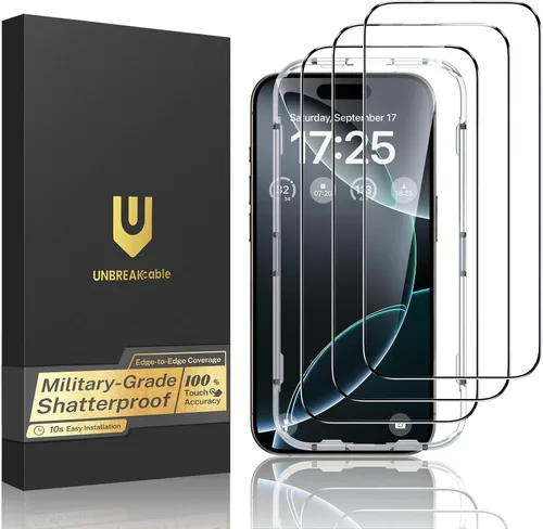 Vista 10 de UNBREAKcable Paquete de 3 protectores de pantalla para iPhone 15, vidrio templado doble a prueba de roturas [marco de instalación fácil]