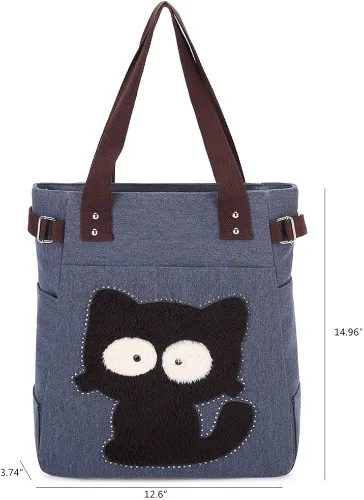 Vista 2 de KAUKKO Women Canvas Handbag Shoulder Bag Cat Big Tote Bag