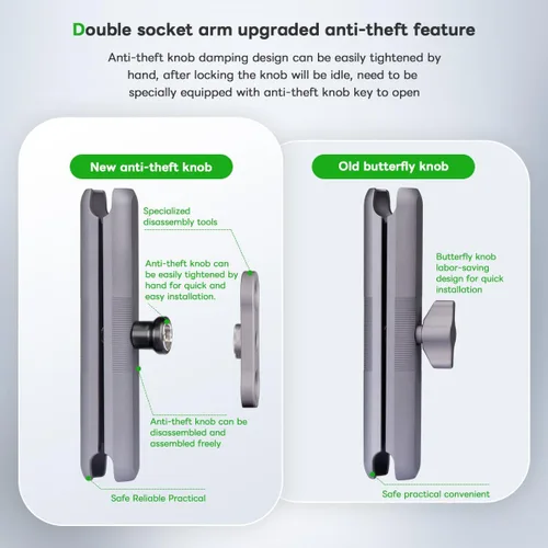 Vista 11 de FANAUE Brazo de doble enchufe de aleación de aluminio, adaptadores de bola antirrobo de 1 pulgada compatibles con soportes RAM, cabeza de bola