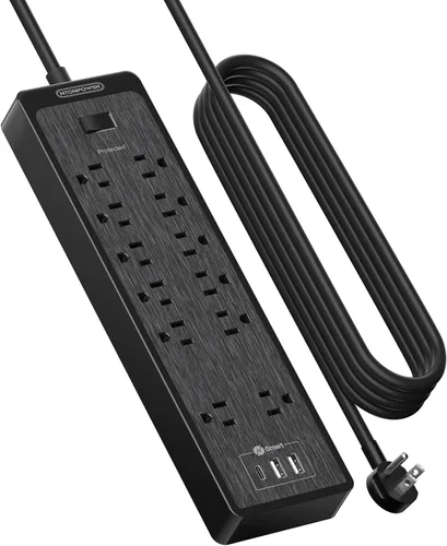 Vista 15 de Cable de extensión de 15 pies, protector de sobretensiones de 6 salidas, tira de alimentación larga y resistente de enchufe plano, enchufe plano