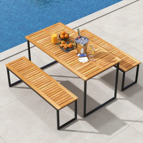 Vista 2 de Tangkula Mesa de comedor de madera de acacia de 55 pulgadas para 6, mesa rectangular para exteriores con patas de metal resistente y agujero