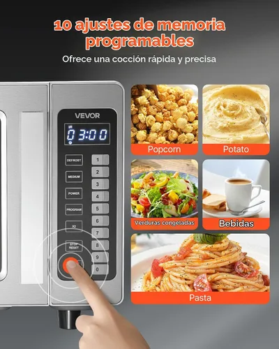 Vista 4 de VEVOR Horno microondas comercial, 0.9 pies cúbicos, 1000W Horno microondas digital de acero inoxidable para encimera con pantalla táctil, 10 ajustes