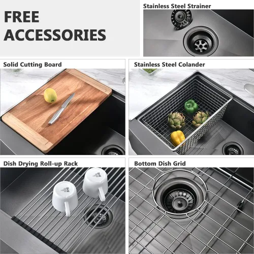 Vista 9 de Fregadero negro de 24 pulgadas para casa de campo, fregadero de cocina de 24 x 22 pulgadas con delantal frontal, acero inoxidable de calibre 16