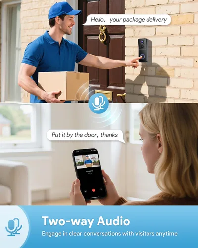 Vista 4 de AUE Timbre de puerta inalámbrico, timbre de video HD 2K con timbre de anillo, funciona con pilas, visión nocturna, audio de 2 vías, detección