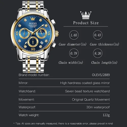 Vista 8 de Taxau Mens Watch Silver Gold Stainless Steel Watches for Men with Day Date Moon Phase Diamond Waterproof Analog Dress Men's Chronograph Wrist
