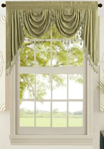 Vista 17 de All American Collection Nueva Cenefa de Cascada Doble de Seda Sintética Sólida Adjunta con Colas (55" x 32", Cenefa Beige)